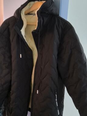 Men's Black Quilted Hooded Jacket with Cream Sherpa Lining
